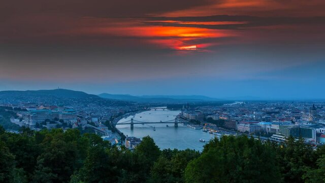Budapest skyline aerial view time lapse from day to night, budapest sunset over old town view of river and city centre old town.