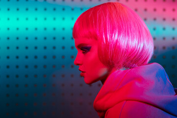 bright girl with pink wig