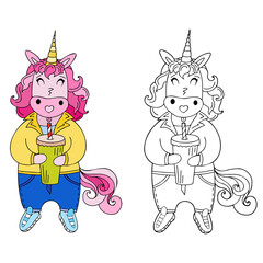 Vector illustration of a unicorn girl for coloring with a sample