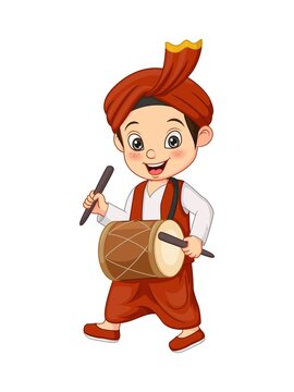 Cartoon Happy Punjabi Boy Playing Dhol