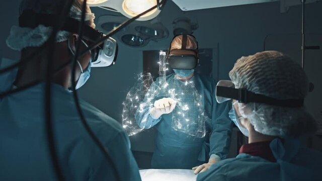 Surgeons Use Augmented Reality VR Glasses to Investigate Patient Lungs Status. Virus Detection 3d Animation. Future Advanced Technology. Hospital Futuristic Digital Concept. Artificial Intelligence