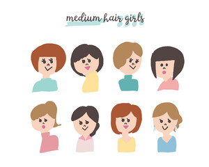 ミディアムヘアーのおしゃれ女子イラスト　Fashionable female illustration with medium hair