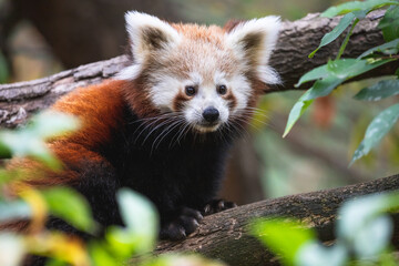 Fototapeta premium Cute fluffy red panda cub close up. Young lesser panda or firefox (Ailurus fulgens) on the tree branch.