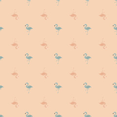 Abstract cartoon seamless animal pattern with little flamingo ornament. Light pink background.