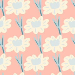 Vintage flat floral seamless pattern with doodle simple white flower silhouettes. Light pink background.