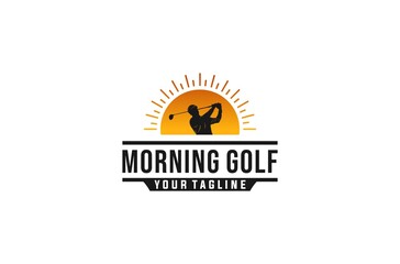 Morning golf logo with illustration of golf player and morning sun