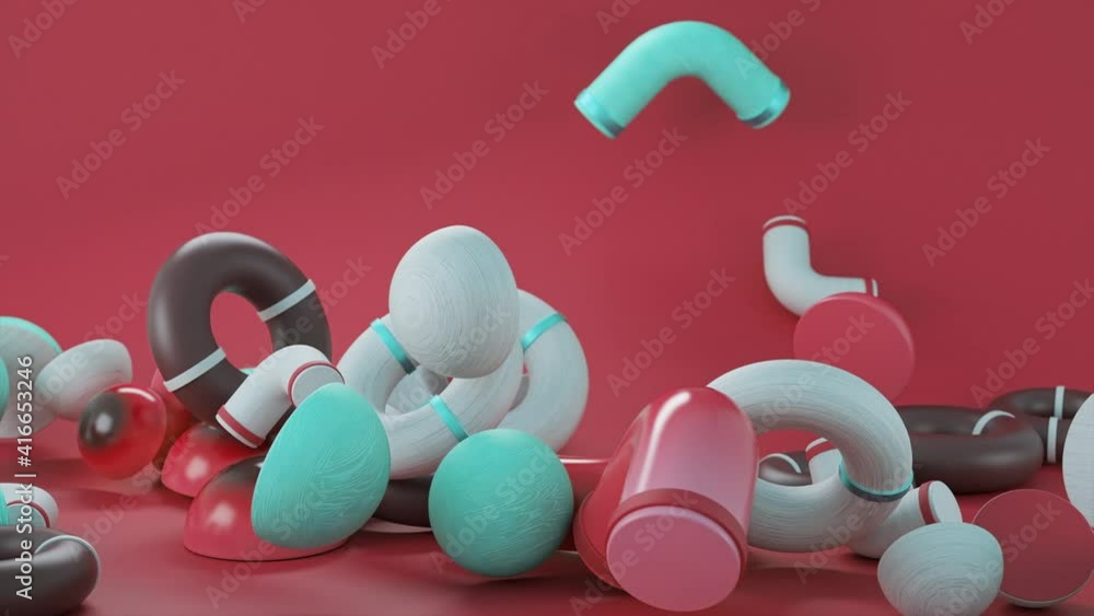 Poster abstract colorful objects falling down isolated on coral background. animation. 3d bagel shaped deta