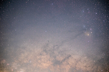 The stars and the milky way in the dark night sky are very beautiful.