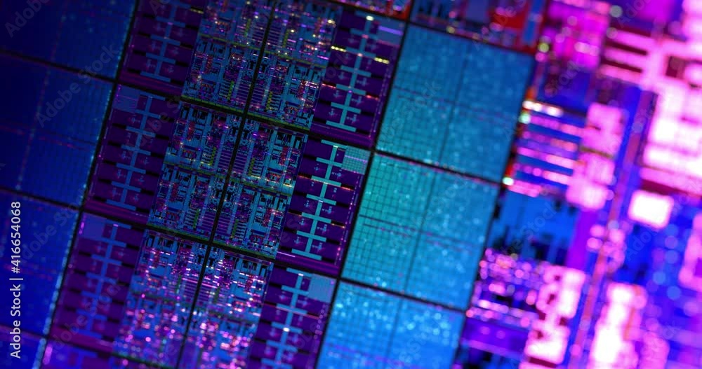 Poster close up of abstract silicon chip. computer microchip and electronic components with lights blinking