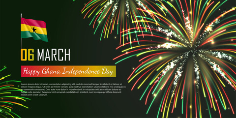 Happy Ghana Independence Day concept. 6th of March national day with flag and fireworks, celebration background, banner, greeting card, poster in patriotic colors realistic vector illustration