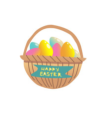 Large wicker basket with colorful easter eggs.Vector illustration isolated on a white background. Can be used to design Easter products, for book illustrations, print, postcards.