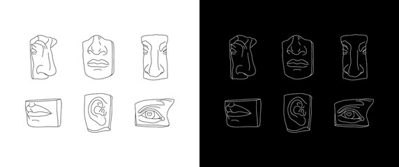 A set of Face Pieces of Antique Sculptures in a Minimal Trendy Style. Vector Illustration of the Ancient Greek God David for printing on T-shirts, posters, Cards, Tattoos, Covers and more