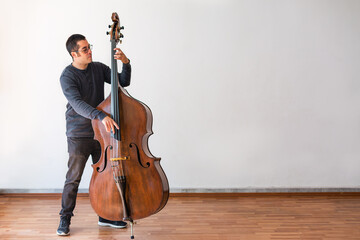 Professional double bass player. Photo shooting in studio. White background - obrazy, fototapety, plakaty
