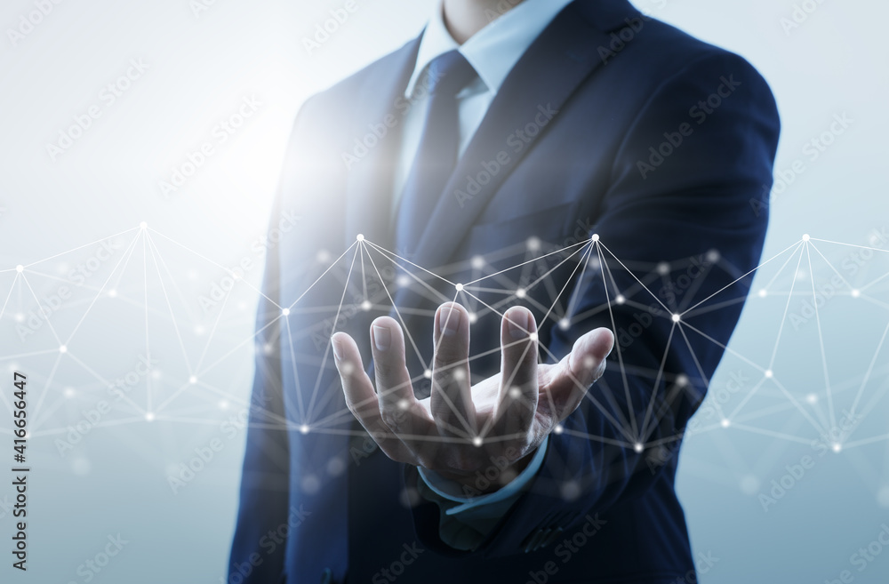Poster business and network technology. businessperson checking network and internet.