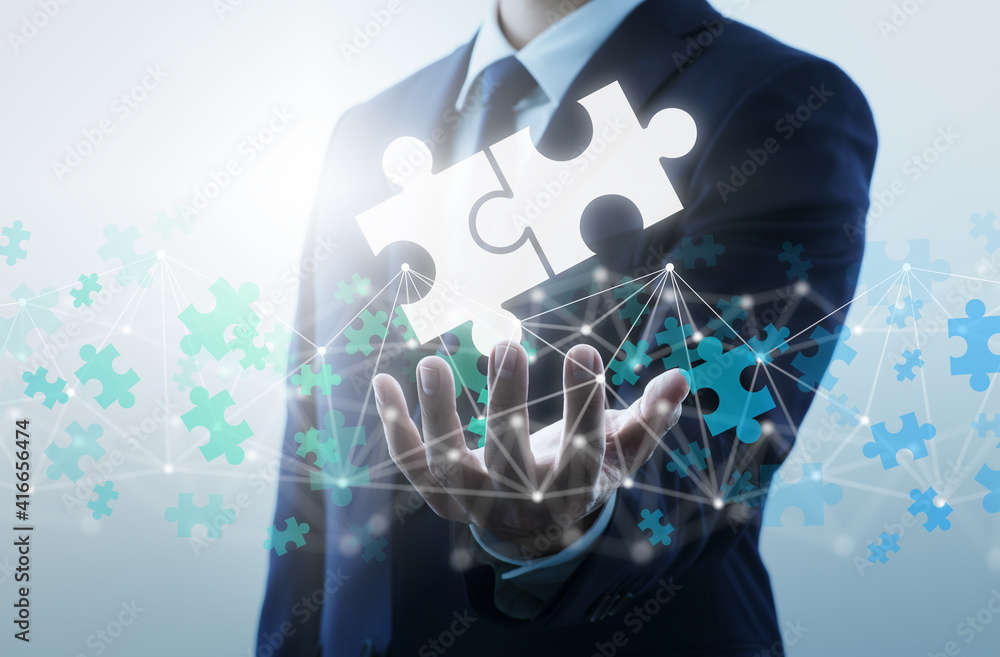Poster Finding business solution on internet. Businessperson connecting two jigsaw puzzle pieces.