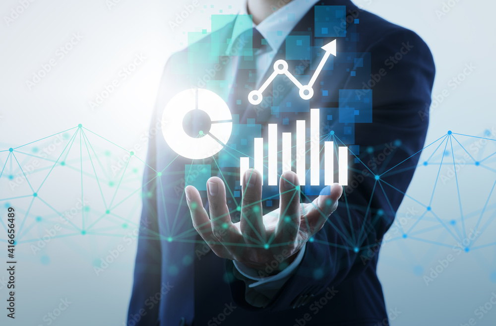 Poster Analyzing business data and network technology. Businessperson, network structure and graph icons.