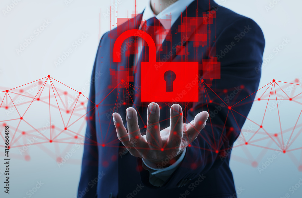 Poster Risk of internet security. Security alert about unsecured communication. Businessperson and padlock icon.