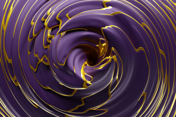 3D illustration of a hypnotic pattern.  Abstract purple with gold background with shimmering circles and glitter. Luxurious background design