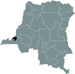 Black location map of the Congolese Kinshasa province inside gray map of the Democratic Republic of the Congo