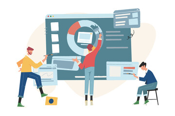 Office workers study infographics analyze the evolutionary scale