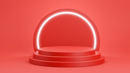 3d render of red podium with light neon for product display