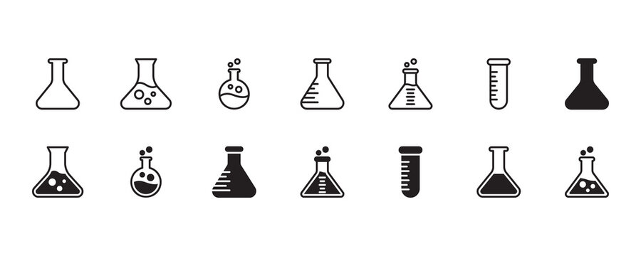 Erlenmeyer flask chemistry beaker icon set. Vector graphic illustration. Suitable for website design, logo, app, template, and ui. 
