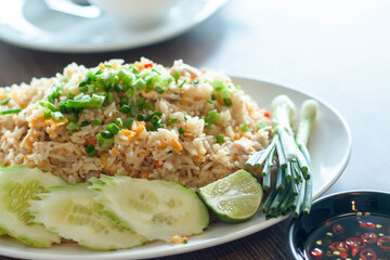 Healthy food fried rice chicken with egg and green onion