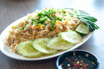 Healthy food fried rice chicken with egg and green onion