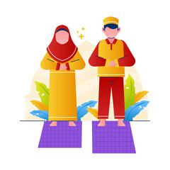 Obraz premium Happy Eid Mubarak greeting vector illustration. Muslim character illustration.