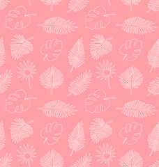 Vector seamless pattern of white hand drawn doodle sketch palm leaves isolated on pink background