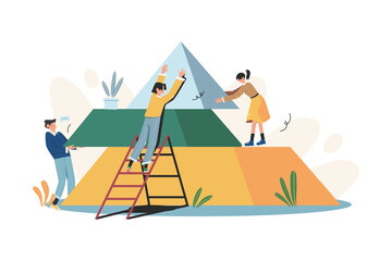 People connect the elements of the pyramid puzzle