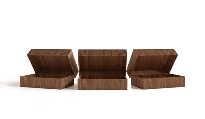 Three open empty wood box isolated on white background, 3d illustration.