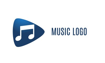 Clean and professional music logo with play button or guitar pick for producer, publisher, course, composer, musician