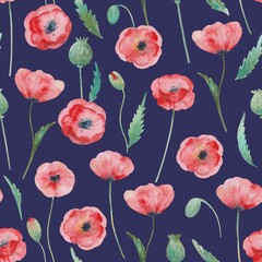 Seamless pattern with watercolor red poppy flowers.