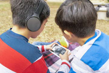 hermanos pasando tiempo juntos en parque al aire libre utilizando tableta