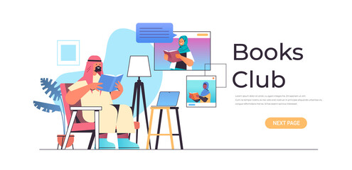 arab man with arabic women in web browser windows reading books during virtual conference meeting horizontal copy space vector illustration