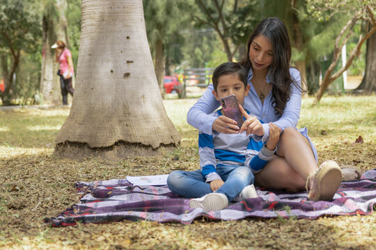 Mam&aacute; e hijo sentados en parque al aire libre usando tel&eacute;fono m&oacute;vil