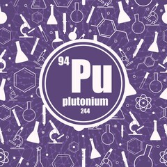 Plutonium chemical element. Sign with atomic number and atomic weight. Chemical element of periodic table. Connected lines with dots. Circle frame with icons.
