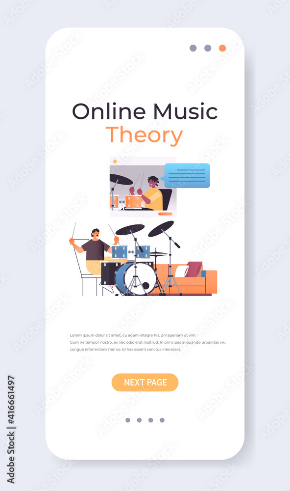 Poster man playing drums while watching video lessons with african american teacher in web browser window o