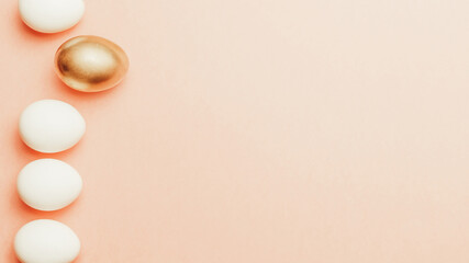 Easter background. Golden, white colour egg on pastel pink background in Happy Easter decoration. Spring holiday top view concept.