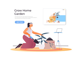 young woman growing plants while watching online video course to learning to planting on laptop screen grow home garden concept horizontal copy space full length vector illustration