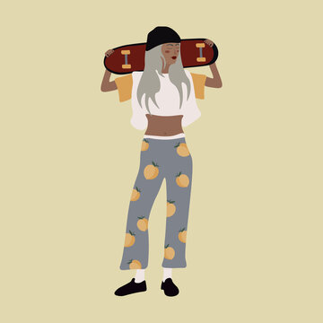 A girl with scate board,wearing fashionable clothes.Model ilustration vector.Great for book covers, logos, print images for t-shirts,postcard,Wall painting,etc.eps10.