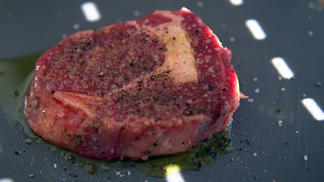 Close-up, top shot of marinated Irish steak.