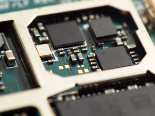 Close up shoot of Surface Mount Device (SMD) parts such as IC, micro chips, processors, led,...
