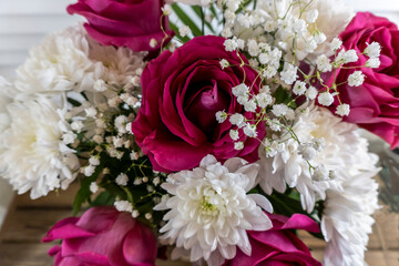 Bouquet of flowers Pink roses and white chrysanthemums