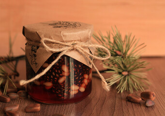 Healthy delicious jam made from pine cones with pine nuts