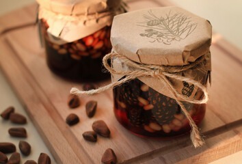 Healthy delicious jam made from pine cones with pine nuts