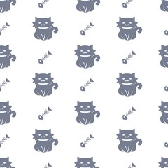 Sitting Cat and Fish Bone Vector Silhouette Seamless Pattern