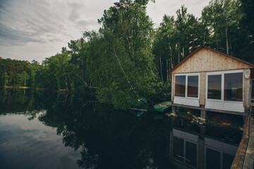 fishing bridge by the river. docks for boats on the lake. water and transport