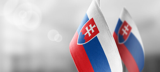 Small national flags of the Slovakia on a light blurry background